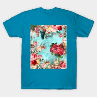 Elegant Vintage flowers and roses garden shabby chic, vintage botanical, pink floral pattern aqua blue artwork over a T-Shirt